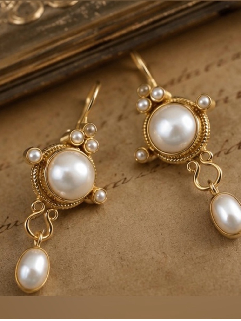 Vintage Gold Pearl Drop Earrings with Accent Pearls